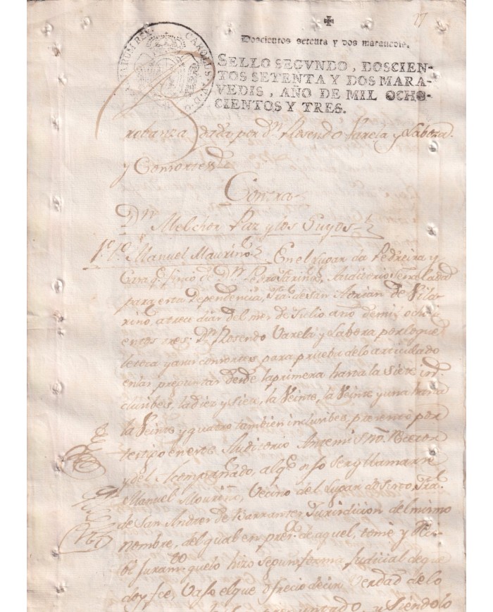 1803-PS-12 ESPAÑA SPAIN 1803 SEALLED PAPER REVENUE. SELLO 2º.