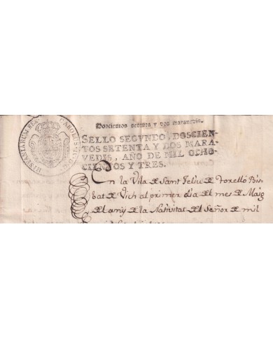 1803-PS-13 ESPAÑA SPAIN 1803 SEALLED PAPER REVENUE. SELLO 2º.