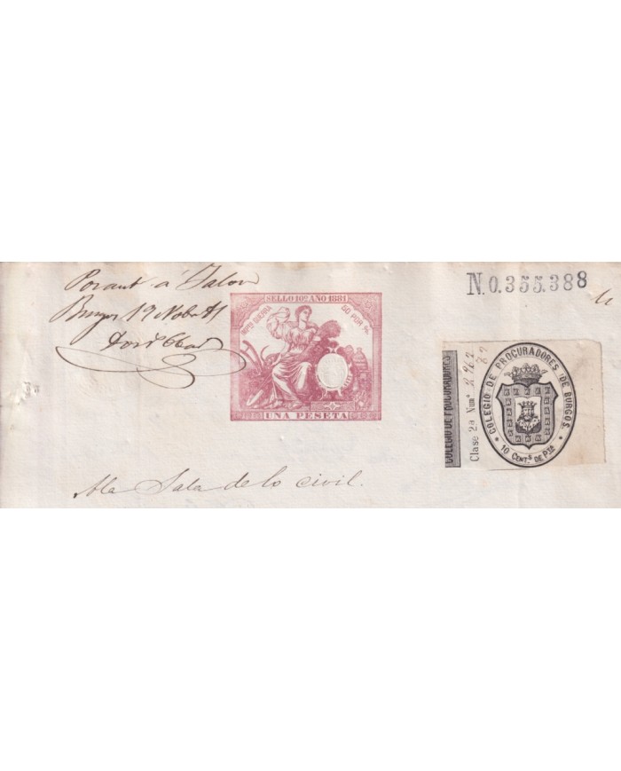 1881-PS-7 ESPAÑA SPAIN 1881 SEALLED PAPER REVENUE. SELLO 10º + BURGOS LAWYER.