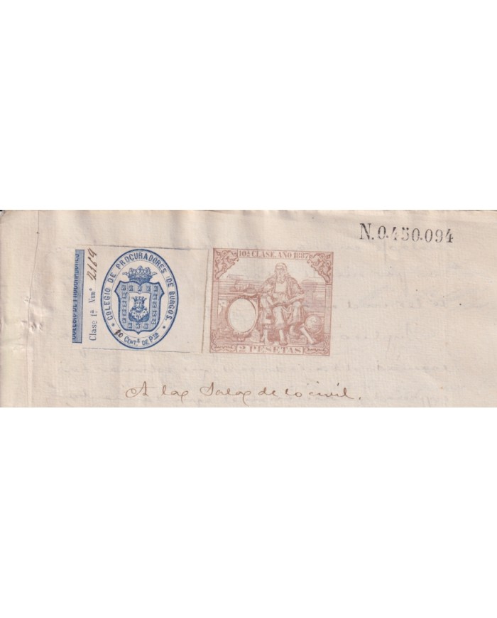 1887-PS-17 ESPAÑA SPAIN 1887 SEALLED PAPER REVENUE. SELLO 10º + BURGOS LAWYER.