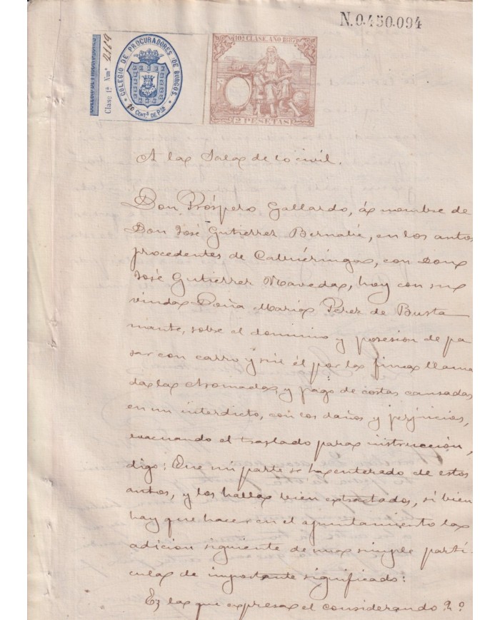 1887-PS-17 ESPAÑA SPAIN 1887 SEALLED PAPER REVENUE. SELLO 10º + BURGOS LAWYER.