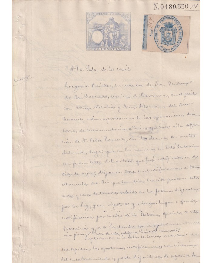 1887-PS-16 ESPAÑA SPAIN 1887 SEALLED PAPER REVENUE. SELLO 9º + BURGOS LAWYER.