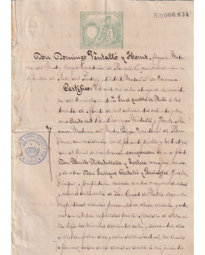 1889-PS-12 ESPAÑA SPAIN 1889 SEALLED PAPER REVENUE. SELLO 5º + BURGOS LAWYER.