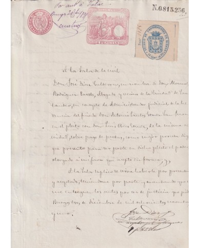 1891-PS-12 ESPAÑA SPAIN 1891 SEALLED PAPER REVENUE. SELLO 10º + BURGOS LAWYER.