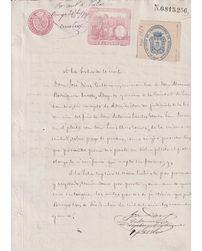 1891-PS-12 ESPAÑA SPAIN 1891 SEALLED PAPER REVENUE. SELLO 10º + BURGOS LAWYER.