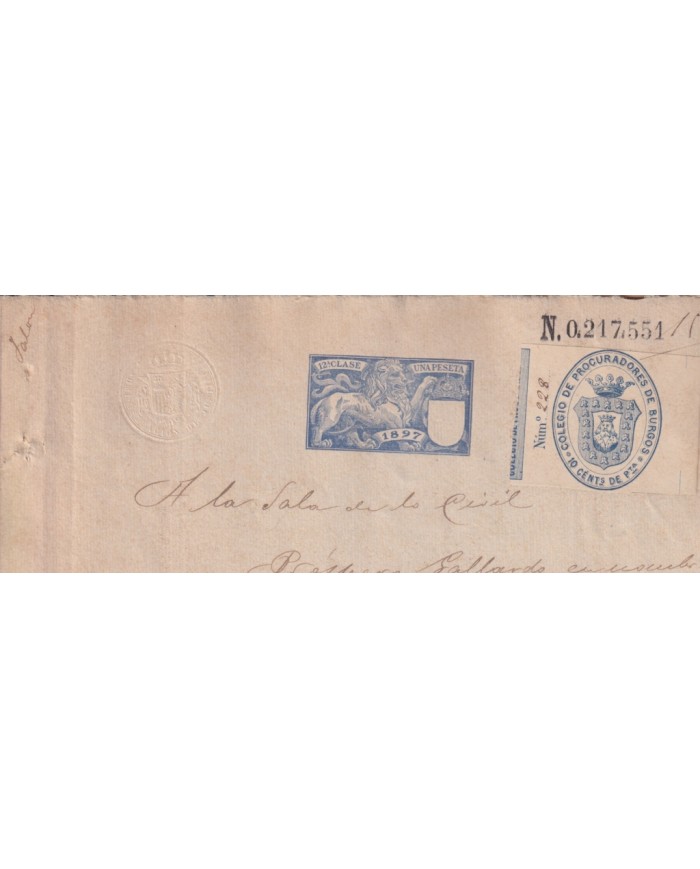 1897-PS-16 ESPAÑA SPAIN 1897 SEALLED PAPER REVENUE. SELLO 12º + BURGOS LAWYER.