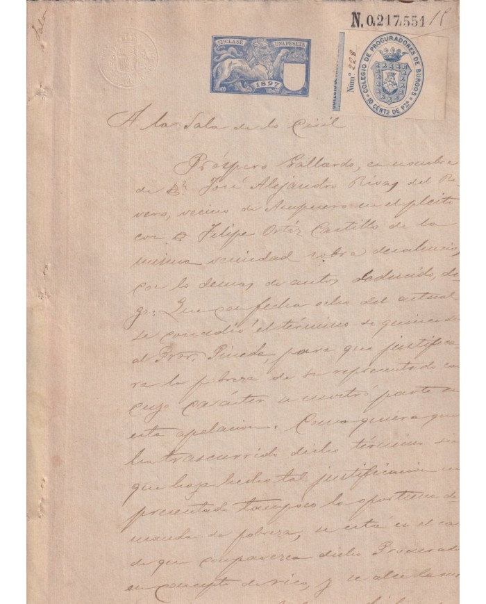 1897-PS-16 ESPAÑA SPAIN 1897 SEALLED PAPER REVENUE. SELLO 12º + BURGOS LAWYER.