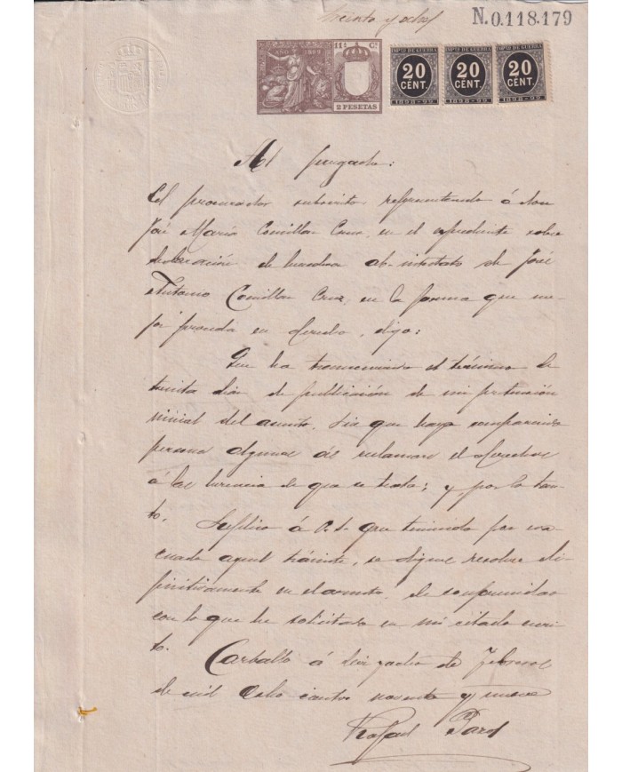 1899-PS-13 ESPAÑA SPAIN 1899 SEALLED PAPER REVENUE. SELLO 11º + 20c WAR TAX.