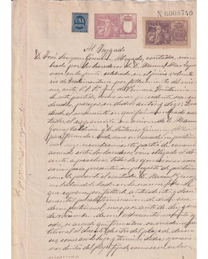 1899-PS-14 ESPAÑA SPAIN 1899 SEALLED PAPER REVENUE. SELLO 9º + 10 pta WAR TAX + POLIZA.