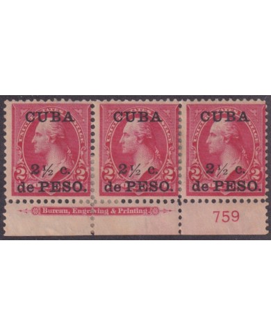 1899-757 CUBA US OCCUPATION 1899 2 ½ c MH PLATE NUMBERS Nº759 CON REFUERZO ORIGINAL GUM.
