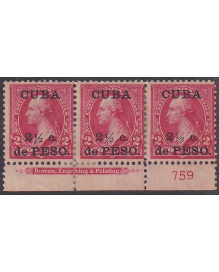 1899-757 CUBA US OCCUPATION 1899 2 ½ c MH PLATE NUMBERS Nº759 CON REFUERZO ORIGINAL GUM.