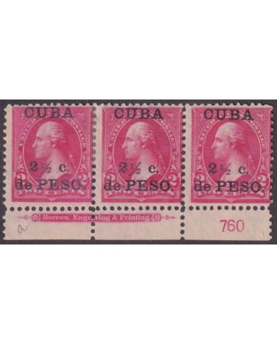 1899-758 CUBA US OCCUPATION 1899 2 ½ c NO GUM PLATE NUMBERS Nº760.