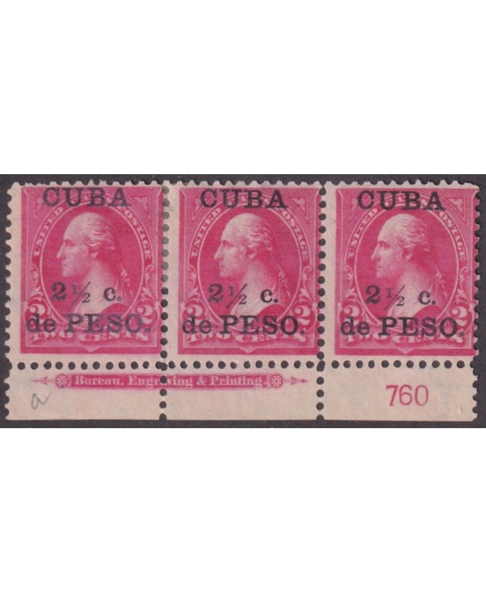 1899-758 CUBA US OCCUPATION 1899 2 ½ c NO GUM PLATE NUMBERS Nº760.