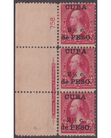 1899-760 CUBA US OCCUPATION 1899 2 ½ c NO GUM PLATE NUMBERS Nº758.
