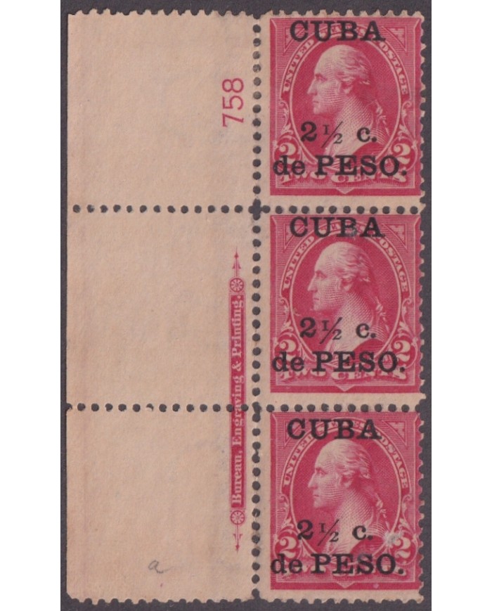1899-760 CUBA US OCCUPATION 1899 2 ½ c NO GUM PLATE NUMBERS Nº758.