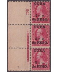 1899-760 CUBA US OCCUPATION 1899 2 ½ c NO GUM PLATE NUMBERS Nº758.