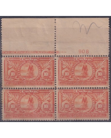 1899-765 CUBA US OCCUPATION 1899 10c SPECIAL DELIVERY “IMMEDIATA” BL4 PLATE NUMBER PAPEL PEGADO AL DORSO.