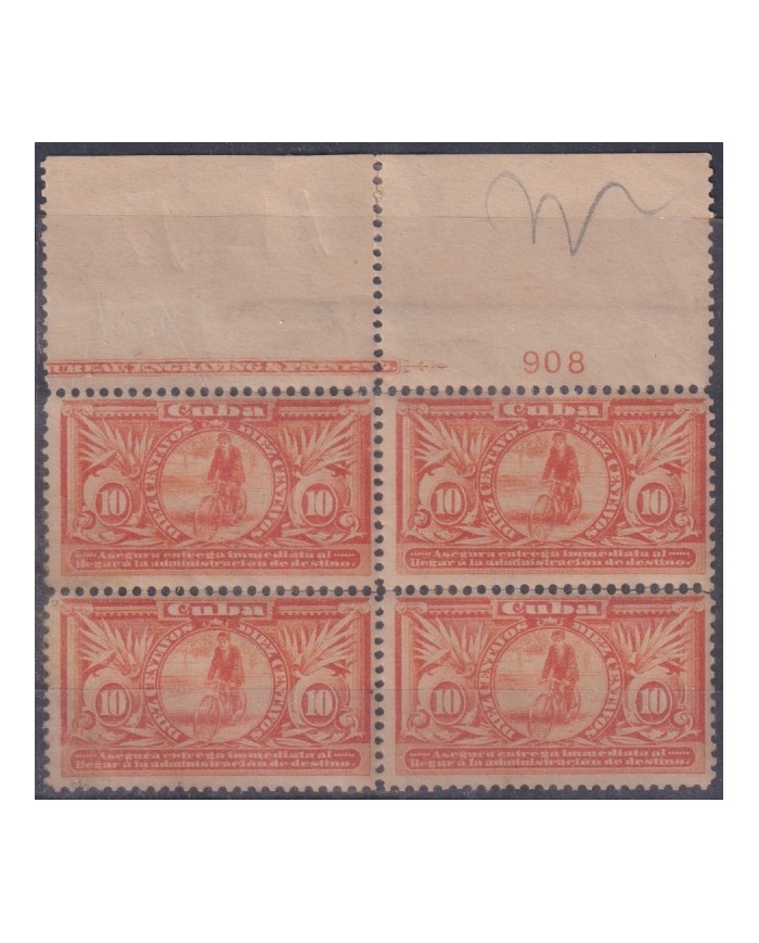 1899-765 CUBA US OCCUPATION 1899 10c SPECIAL DELIVERY “IMMEDIATA” BL4 PLATE NUMBER PAPEL PEGADO AL DORSO.