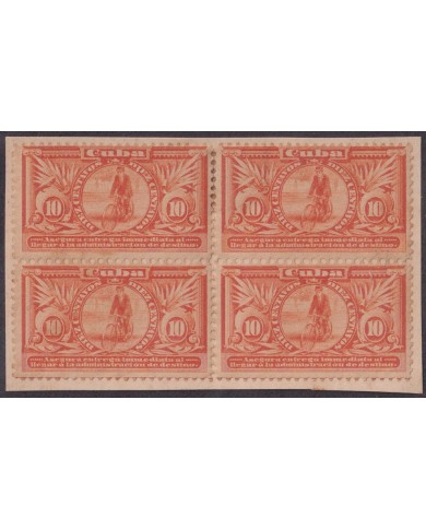 1899-763 CUBA US OCCUPATION 1899 10c SPECIAL DELIVERY “IMMEDIATA” BL4 PAPEL PEGADO AL DORSO.