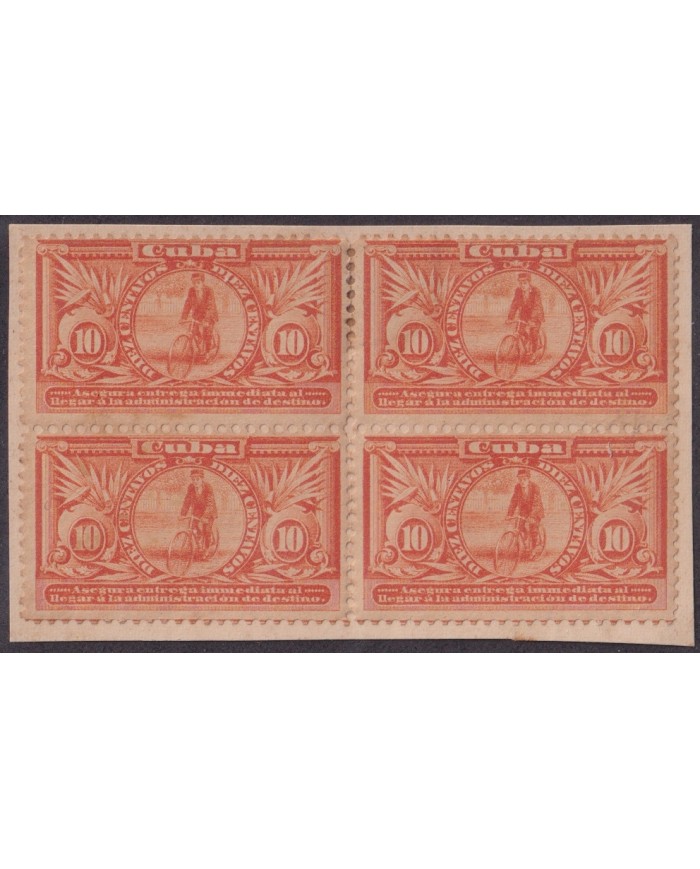 1899-763 CUBA US OCCUPATION 1899 10c SPECIAL DELIVERY “IMMEDIATA” BL4 PAPEL PEGADO AL DORSO.