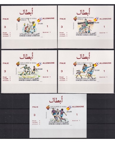 F-EX52421 MAURITANIA MNH 1982 SOCCER FOOTBALL 5 IMPERF PAPER (1) CARBOARD (4) PROOF SILVER OVERPRINT WINNER.