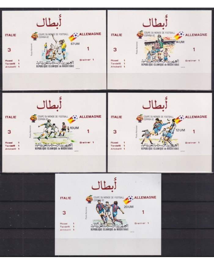F-EX52421 MAURITANIA MNH 1982 SOCCER FOOTBALL 5 IMPERF PAPER (1) CARBOARD (4) PROOF SILVER OVERPRINT WINNER.
