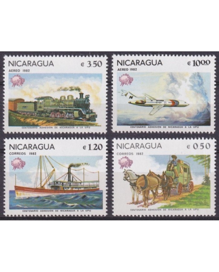 F-EX63432 NICARAGUA MNH 1982 UPU SHIP AVION RAILROAD TRAIN RAILWAYS LOCOMOTIVE FERROCARRIL.