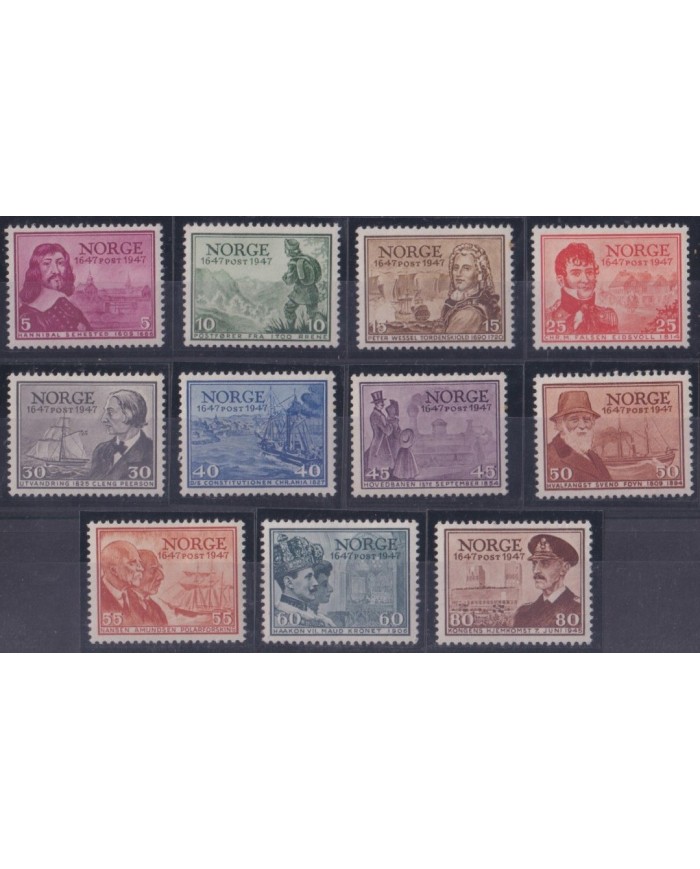 F-EX63973 NORWAY NORGE NOREG ORIGINAL GUM 1947 HISTORY SHIP & ROYAL RAILROAD.
