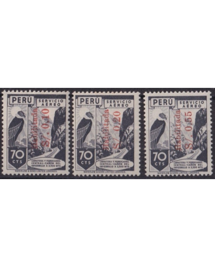 F-EX63459 PERU MH-MNH 1949 AIRMAIL OVERPRINT CONDOR BIRD & RAILROAD TRAIN LOCOMOTIVE.