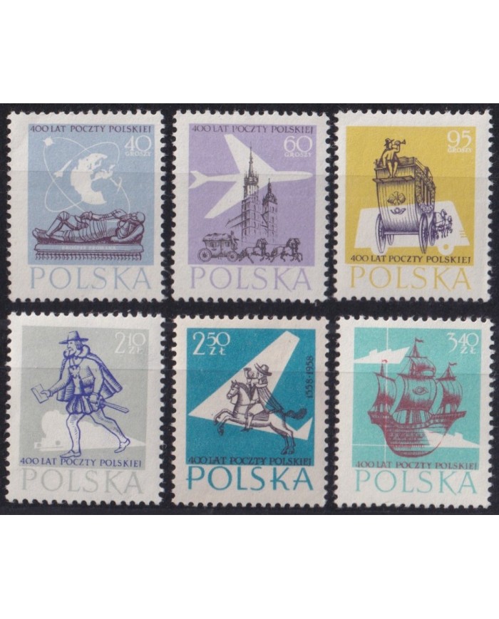F-EX63982 POLAND MNH 1958 400th MEDIEVAL POSTAL SERVICE  CARRIAGE SHIP POSTMAN.