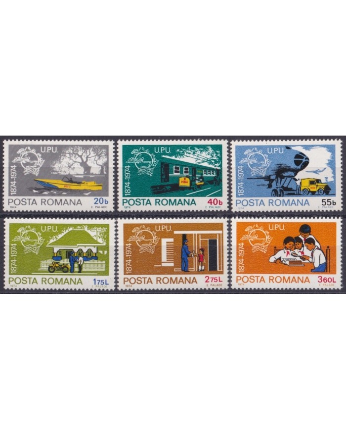 F-EX63991 RUMANIA MNH 1974 UPU SHIP AUTO MOTO RAILROAD TRAIN RAILWAYS LOCOMOTIVE FERROCARRIL.