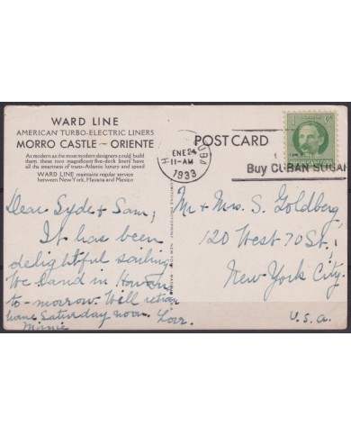 POS-1883 CUBA POSTCARD 1933 MORRO CASTLE PAQUEBOT  WARD LINE SHIP TO US USA.
