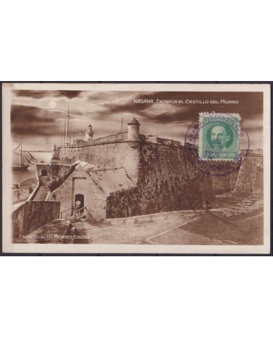 POS-1884 CUBA POSTCARD 1929 1c MARTI USE HAVANA MORRO CASTLE.