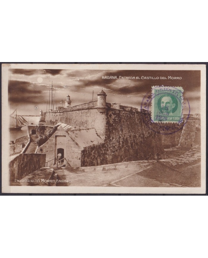 POS-1884 CUBA POSTCARD 1929 1c MARTI USE HAVANA MORRO CASTLE.
