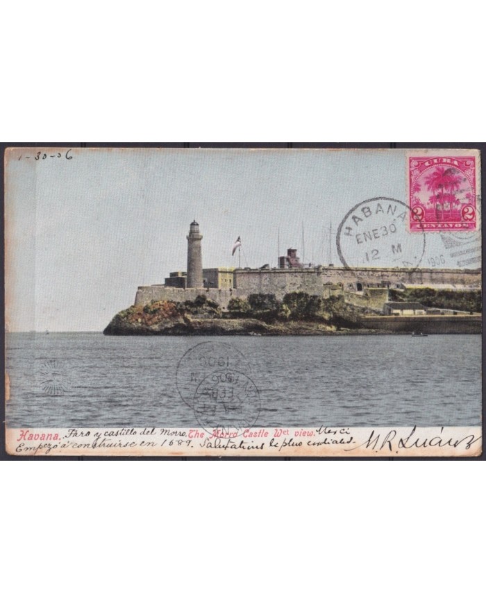 POS-1886 CUBA POSTCARD 1902 2c PALM HAVANA MORRO CASTLE TO PERU VIA USA.