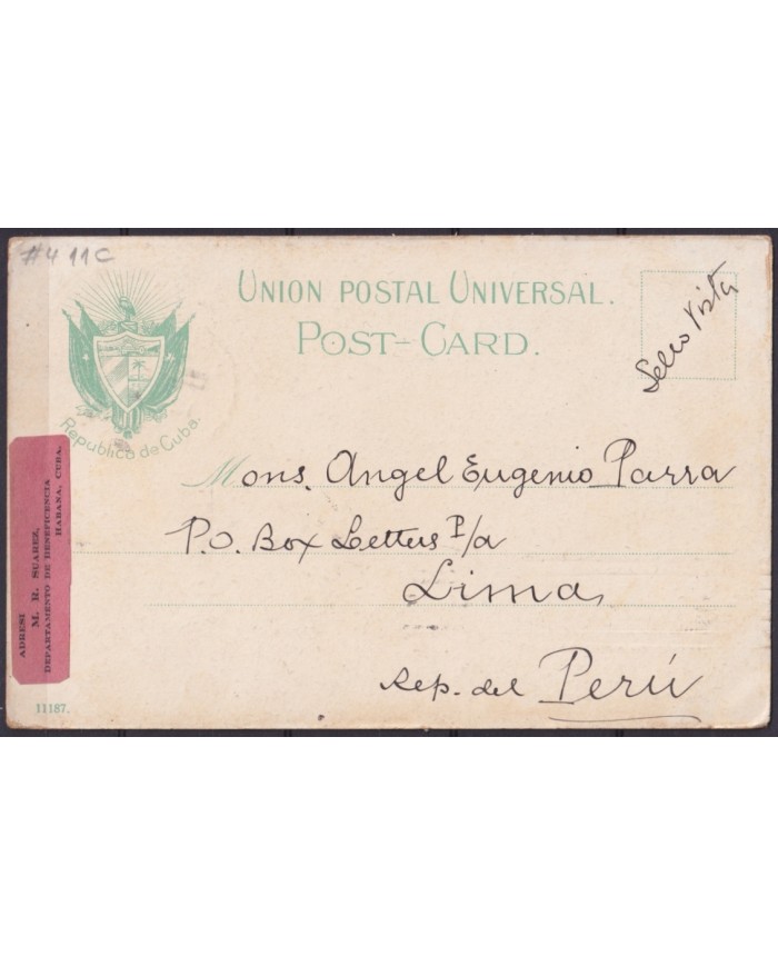 POS-1886 CUBA POSTCARD 1902 2c PALM HAVANA MORRO CASTLE TO PERU VIA USA.