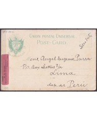 POS-1886 CUBA POSTCARD 1902 2c PALM HAVANA MORRO CASTLE TO PERU VIA USA.