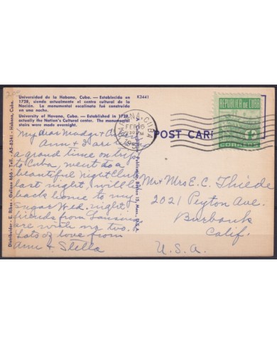 POS-1888 CUBA POSTCARD 1951 UNIVERSITY OF HAVANA TO CALIFORNIA USA US.