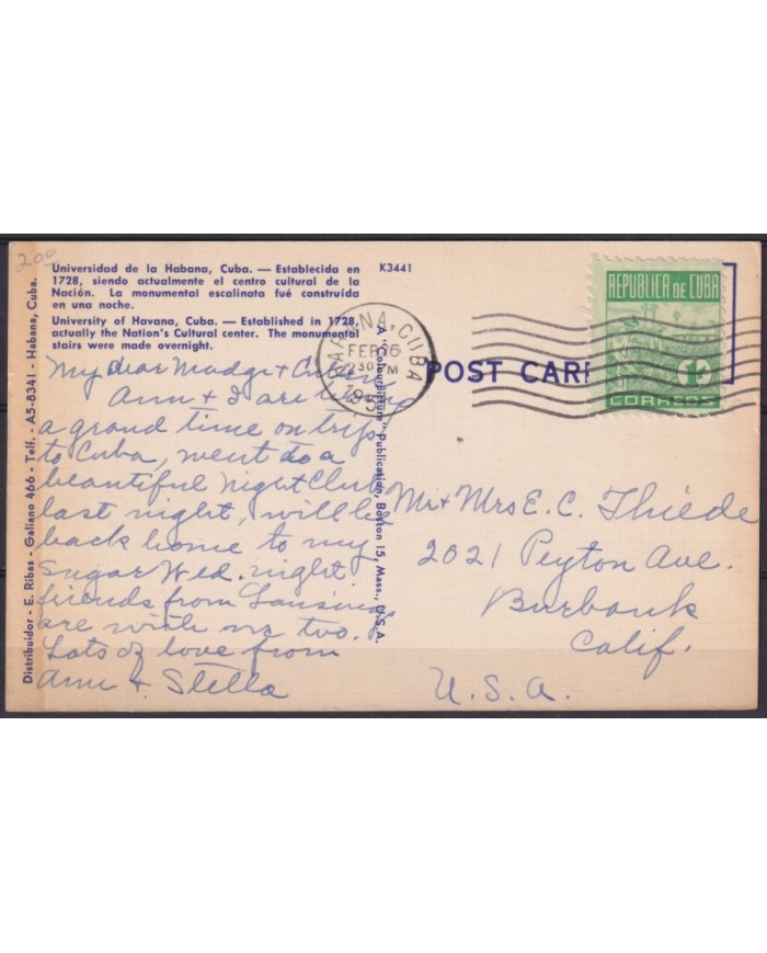 POS-1888 CUBA POSTCARD 1951 UNIVERSITY OF HAVANA TO CALIFORNIA USA US.