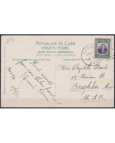 POS-1891 CUBA POSTCARD 1911 ENTRANCE OF HAVANA MALECON MORRO CASTLE TO USA US.