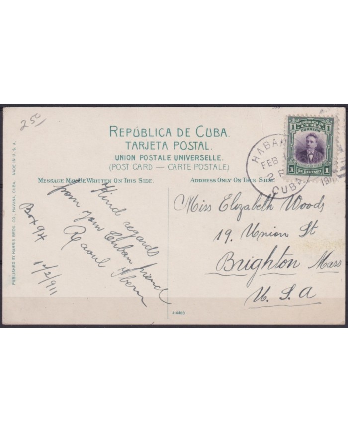 POS-1891 CUBA POSTCARD 1911 ENTRANCE OF HAVANA MALECON MORRO CASTLE TO USA US.