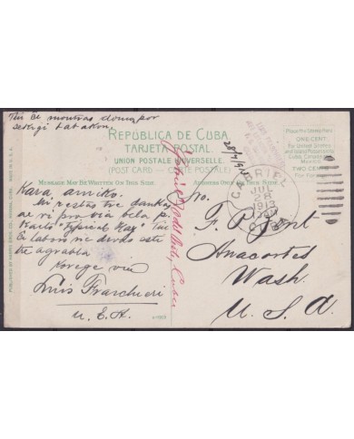 POS-1892 CUBA POSTCARD CIRCA 1913 TOBACCO HOUSE. GABRIEL CITY TO USA US RARE.