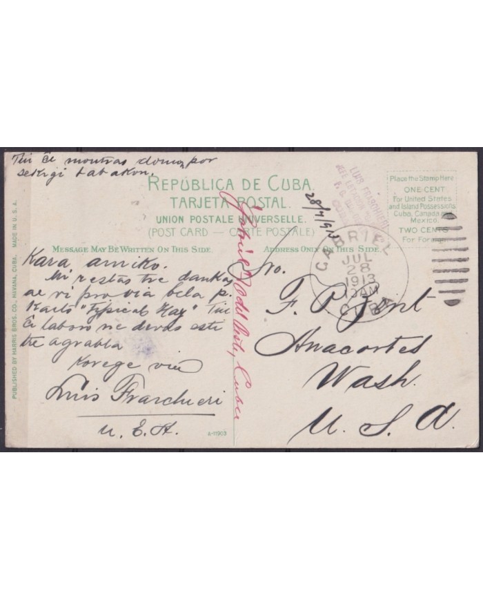 POS-1892 CUBA POSTCARD CIRCA 1913 TOBACCO HOUSE. GABRIEL CITY TO USA US RARE.