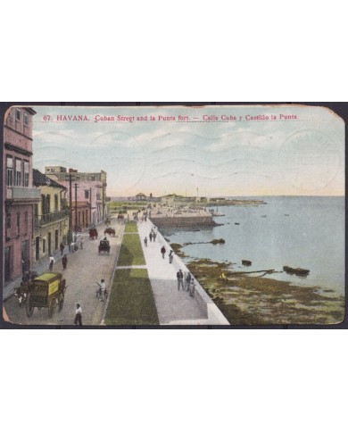 POS-1895 CUBA POSTCARD 1911 HAVANA HARBOR STREET MALECON & PUNTA CASTLE TO USA US.