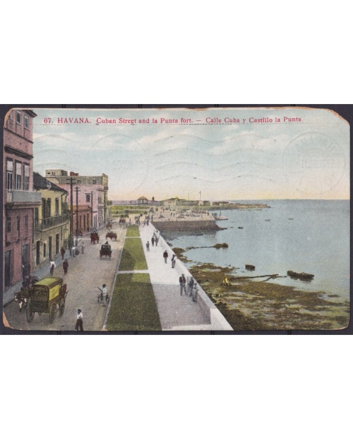 POS-1895 CUBA POSTCARD 1911 HAVANA HARBOR STREET MALECON & PUNTA CASTLE TO USA US.