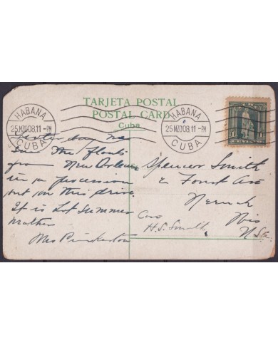 POS-1895 CUBA POSTCARD 1911 HAVANA HARBOR STREET MALECON & PUNTA CASTLE TO USA US.