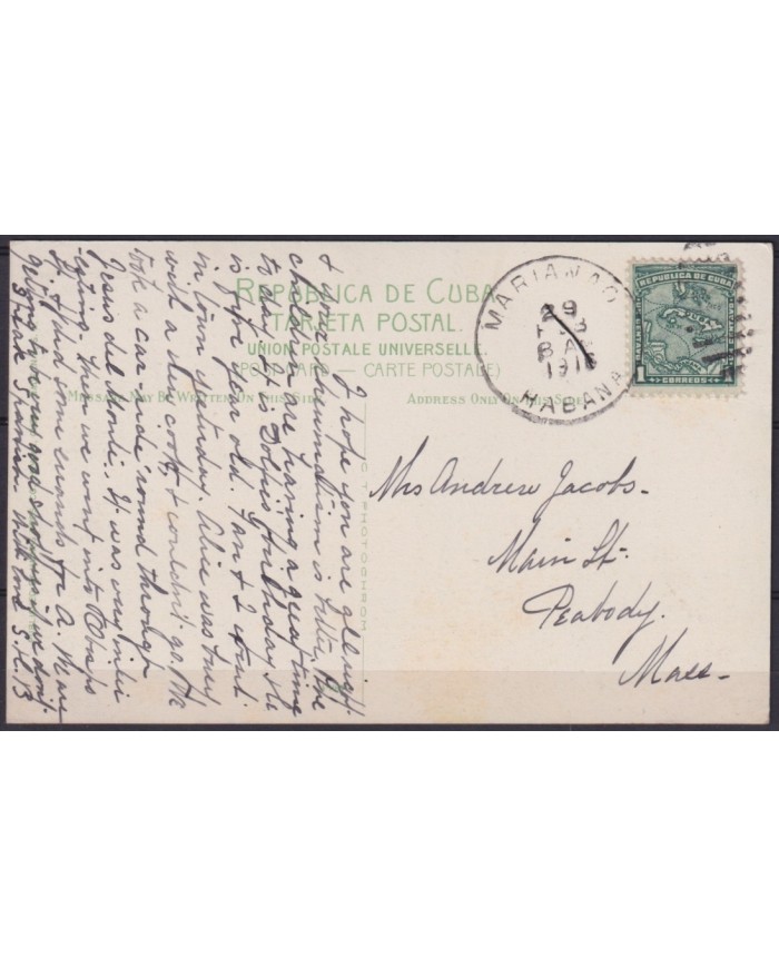 POS-1897 CUBA POSTCARD 1916 1c MAPITAS COCONUT PALM MARIANO TO USA US.