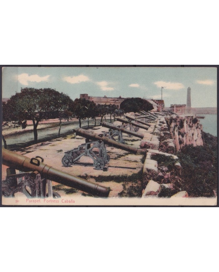 POS-1898 CUBA POSTCARD 1908 ARTEMISA TO USA. HAVANA PARAPET FORTRESS CABAÑA.