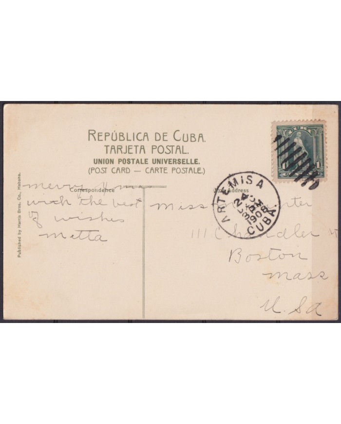 POS-1898 CUBA POSTCARD 1908 ARTEMISA TO USA. HAVANA PARAPET FORTRESS CABAÑA.