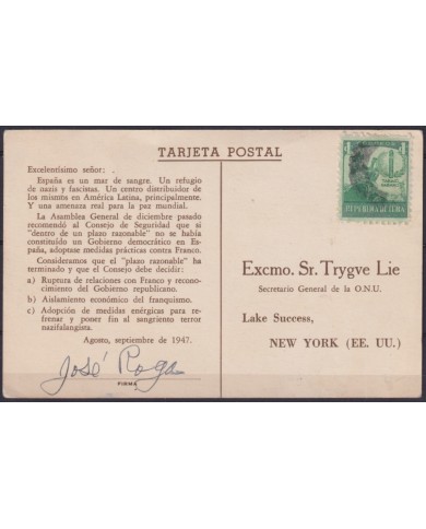 POS-1900 CUBA POSTCARD 1947 CAMPAÑ ESPAÑOLES ANTIFRANQUISTAS HITLER - FRANCO.